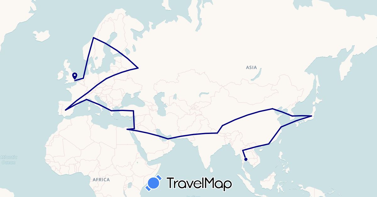 TravelMap itinerary: driving in United Arab Emirates, Switzerland, China, Egypt, Spain, France, United Kingdom, Greece, Jordan, Japan, South Korea, Netherlands, Norway, Nepal, Poland, Russia, Thailand, Turkey (Africa, Asia, Europe)